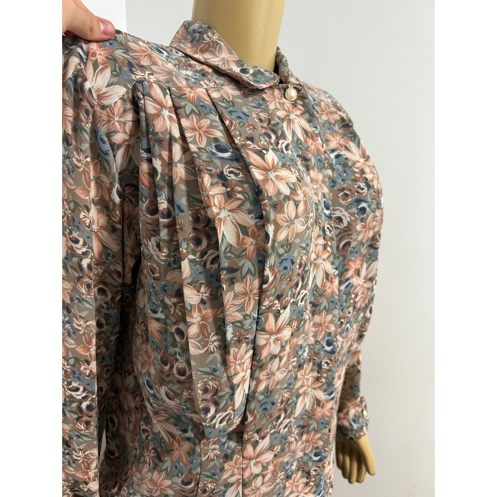 Talbots Vintage Floral Pleated Blouse COTTAGECORE Pearl Button Long Sleeve Top L - Picture 4 of 7